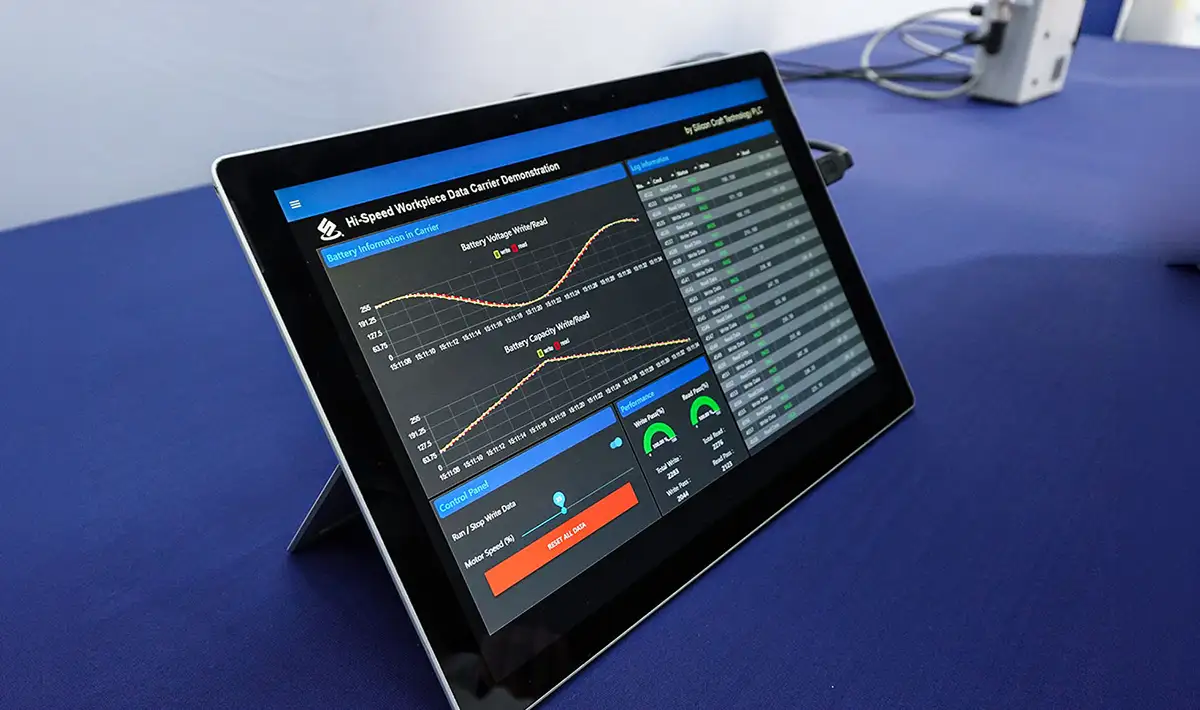 Dashboard displays real-time read/write communication data between the RFID reader and tag.